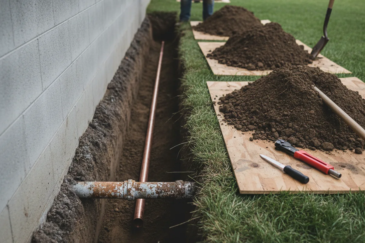 Excavated water line trench during Water Softener Installation in Courtland